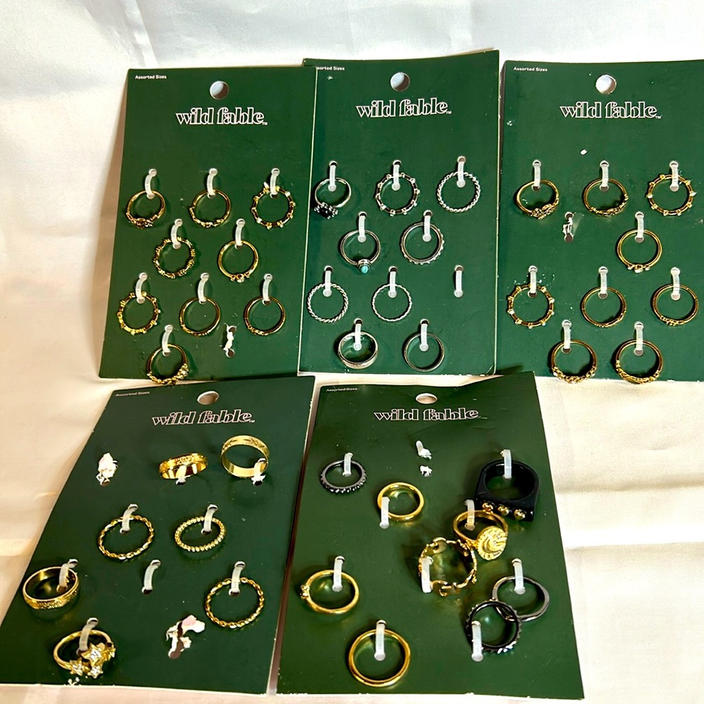 45 Wild Fable Rings. Assorted Styles. Silver Tone & Gold Tone. Sizes 6-8. NWT